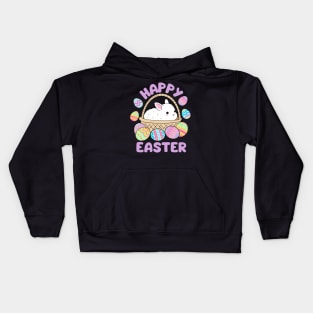 Happy easter a cute little Easter bunny in a basket surrounded by easter eggs Kids Hoodie